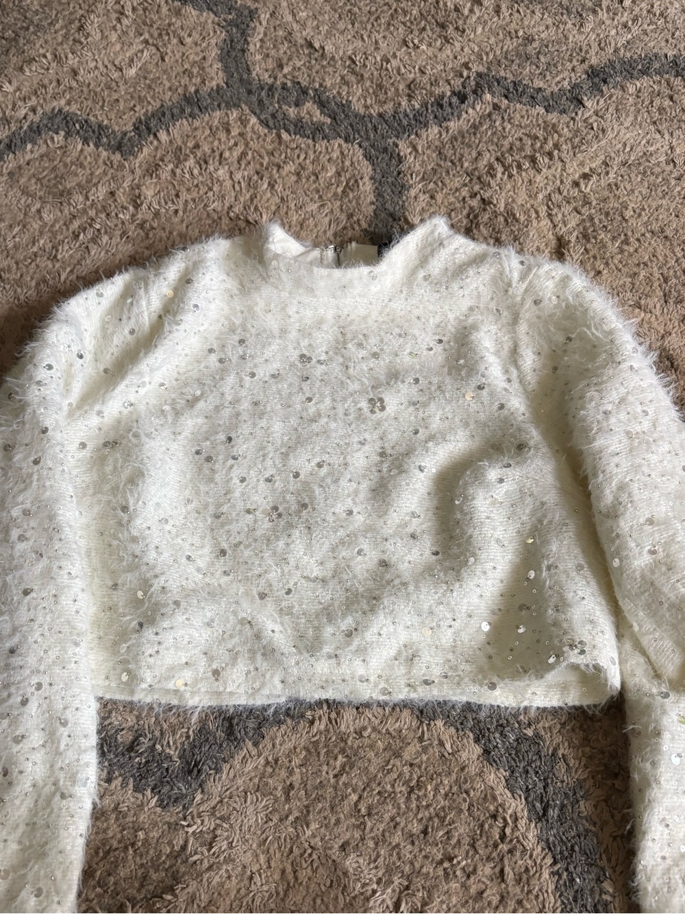 White Sequin Fuzzy Crewneck Sweater